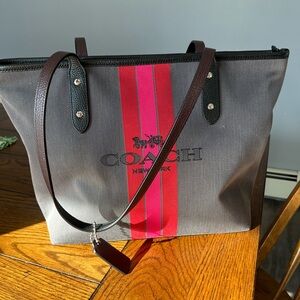 Coach Gray and Pink Tote Bag with Leather Handles